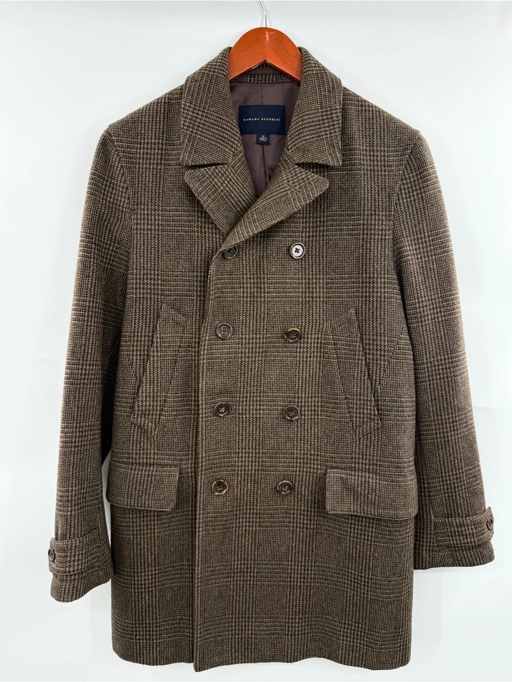 Banana Republic Men’s M Wool Blend Peacoat Brown Glen Plaid Double Breasted Coat